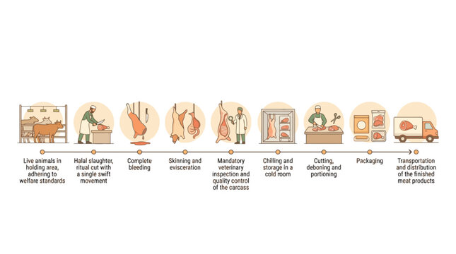Meat processing industry production line infographic showing beef manufacturing steps from farm to retail delivery. EPS Editable. Vector Illustrations.
