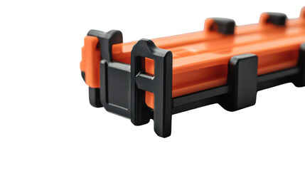 Naklejka premium Plastic construction beam features a vibrant orange and black interlocking design suitable for modular assembly projects that require durable structural components for building prototypes or models.