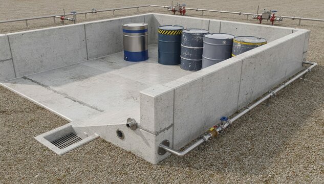Medium shot of a bunded area surrounding solvent drums highlighting containment measures to prevent spills and ensure environmental safety.
