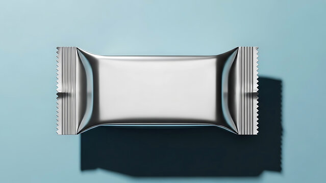Silver foil candy bar wrapper with serrated edges on blue background 3