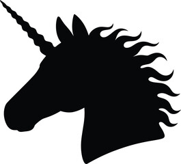 Black silhouette of a unicorn head with a spiraling horn and flowing mane on a white background © Nezam