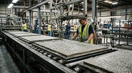 Fototapeta premium Medium shot of selfhealing mineral composite wall cladding panels being manufactured showcasing microencapsulated repair agents embedded in the matrix for enhanced durability.