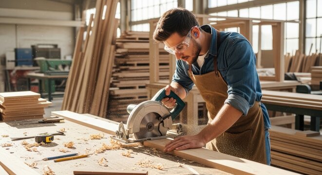 A young man wearing safety glasses and an apron is operating a circular saw to cut a piece of wood. He is working in a workshop filled with lumber and wood panels.