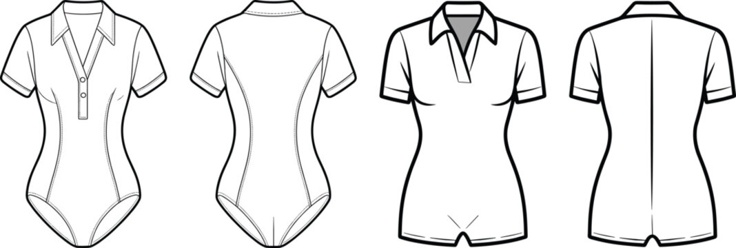 Technical fashion flat sketch vector template of women's bodysuit and romper with collar and short sleeves.