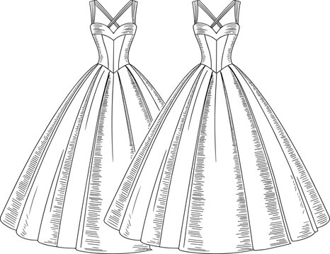Technical fashion sketch of a ball gown dress with crisscross straps and voluminous skirt for apparel design template