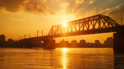 Fototapeta premium Golden sunset bridge over river with dramatic reflections and city skyline