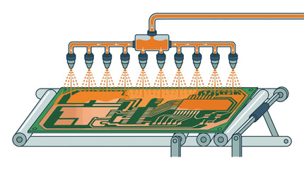 Naklejka premium Automated industrial conformal coating process for printed circuit board assembly. EPS Editable. Vector Illustrations.