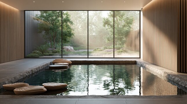 Modern indoor hot tub with serene garden view through large windows