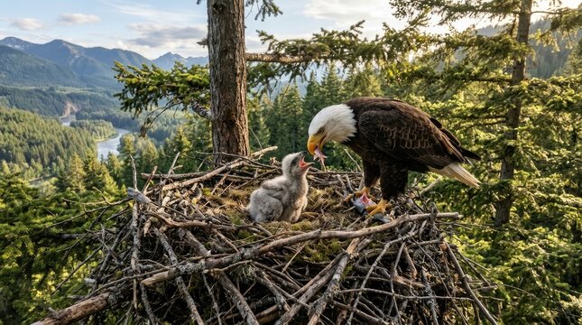 A majestic bald eagle feeds its fluffy eaglet in a sturdy nest high in a coniferous forest. The adult eagle diligently offers food to the young bird, demonstrating a nurturing parental behavior.