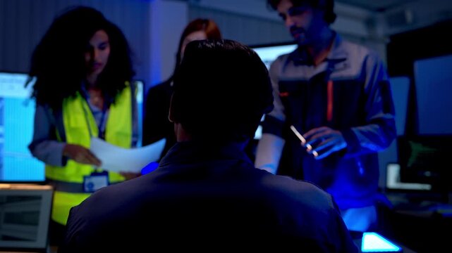 Engineers analyzing architectural building model and digital construction plans in futuristic design studio with advanced technology displays