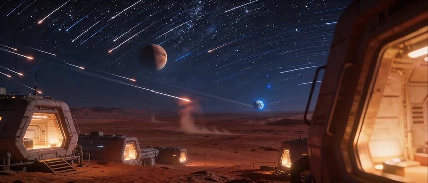 Explore space Space explore desert planet star meteor colony habitat night sky futuristic settlement, arid alien horizon, illuminated base module, Mars outpost with star trails, meteor shower