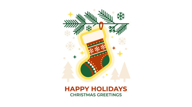Christmas stocking hanging from pine branch with holiday text.