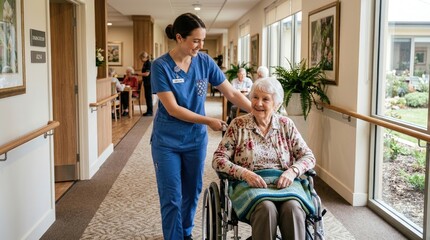Fototapeta premium A young female nurse assists an elderly woman in a wheelchair down a hallway in a care facility.