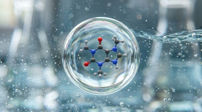 A transparent sphere contains a molecular structure of caffeine. The caffeine molecule is centered within the sphere, suspended in water.