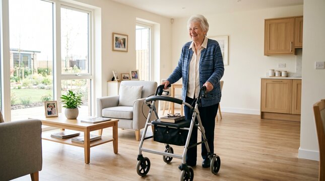 Happy elderly woman using a mobility walker to move through her bright modern living room