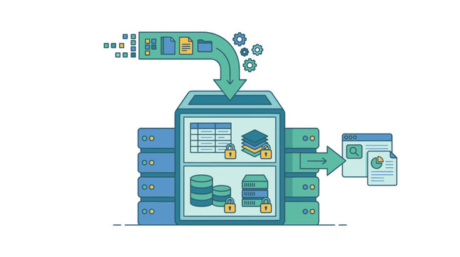 Data migration process illustration showing server storage and information transfer. EPS Editable. Vector Illustrations.