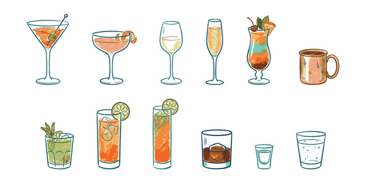 Doodle illustration of party drinks margarita mojito and shot glasses