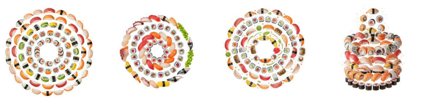 Sushi rolls arranged in circular patterns and a vertical stack on black