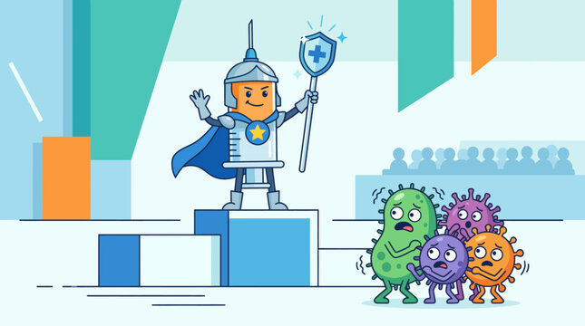 Cartoon robot knight fighting virus germs.