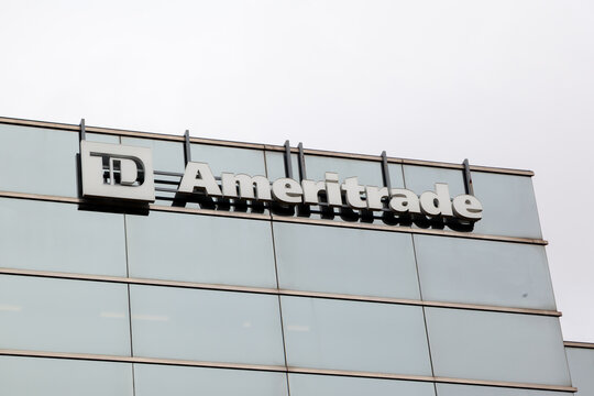 
Missouri, USA - March 24, 2022: Closeup TD Ameritrade logo on an office building. Missouri, USA. TD Ameritrade is now part of Schwab's financial services.
