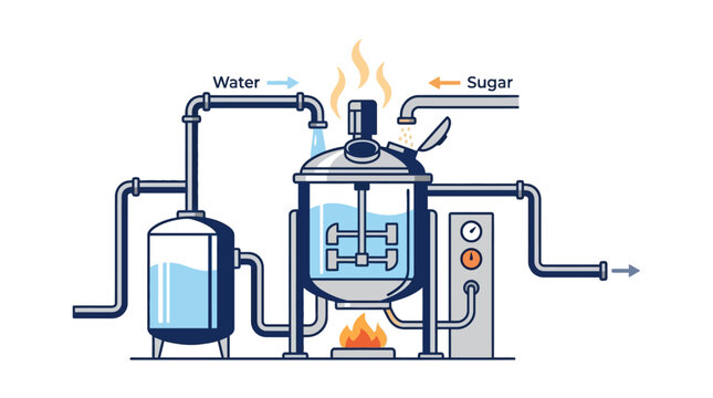 Industrial food processing machine diagram showing sugar and water mixing process. EPS Editable. Vector Illustrations.