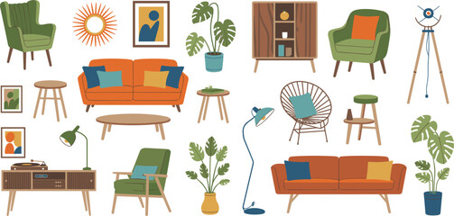 Mid-century modern living room furniture and decor elements arranged in a flat design style with vibrant colors © Nezam