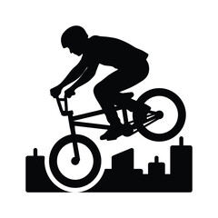 Obraz premium BMX cyclist performing stunt in city park against urban skyline background.