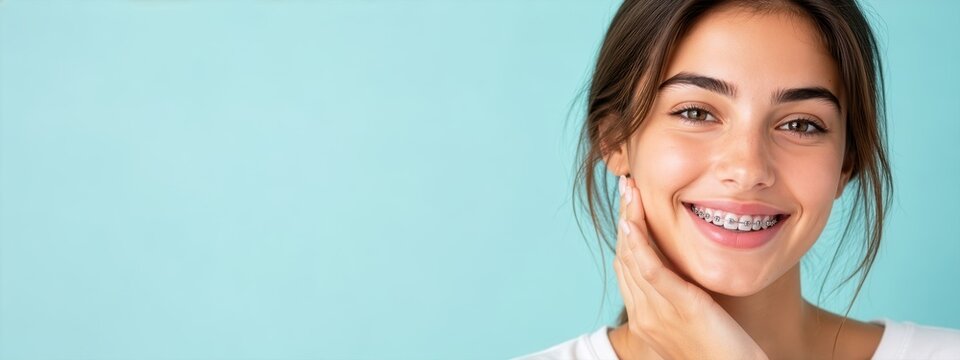 Young Woman with Braces Expressing Confidence and Beauty in a Close-Up Portrait