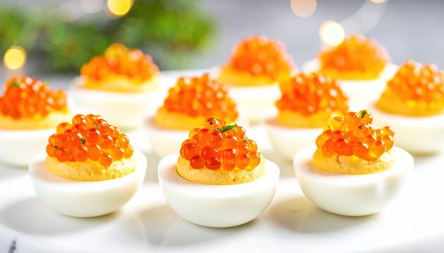 Delicious deviled eggs with salmon caviar.