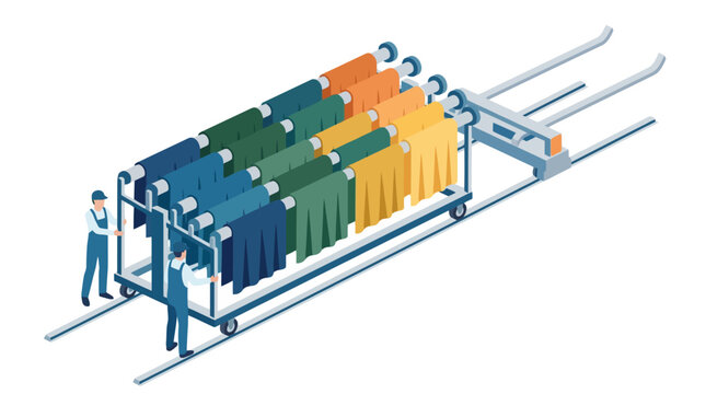 Isometric textile factory production line with workers moving fabric rolls. EPS Editable. Vector Illustrations.