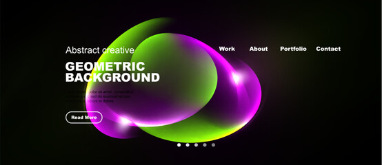 Obraz premium Dynamic website mockup features vibrant green, purple shapes. Minimalist design with navigation options, dark background. Includes read more button.