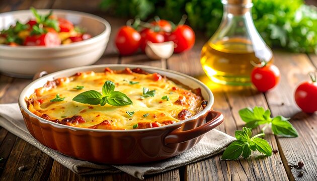 Baked pasta dish with fresh ingredients, featuring tomatoes, basil, and olive oil. Rustic wooden table