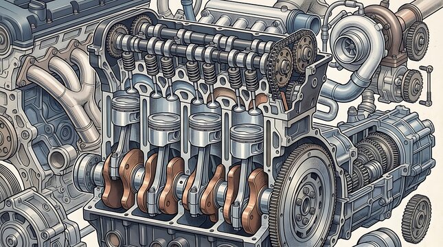 Internal Combustion Engine Cross Section Technical Illustration