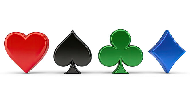 Four playing cards are arranged in a row against a white and black background. The cards are a red heart, a black spade, a green club, and a blue diamond.