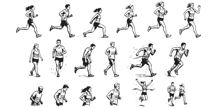 Marathon Runner and Jogger Hand Drawn Sketch Vector Character Set