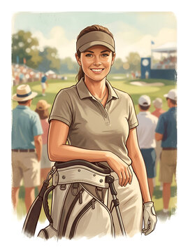 Ladies golf vector featuring a smiling woman player on a green course