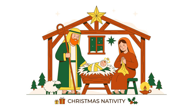 Classic Christmas nativity scene with holy family in stable.