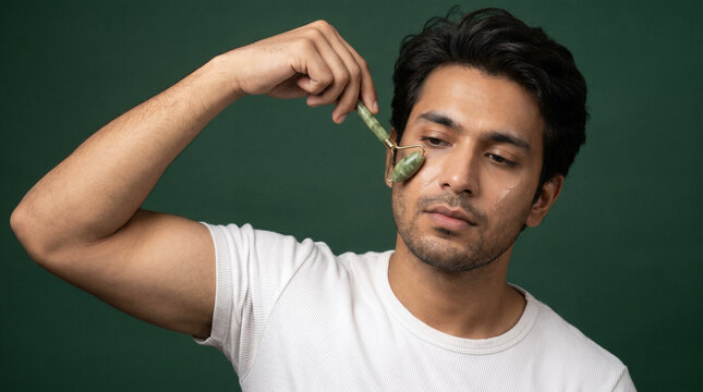 Young South Asian man using jade facial roller on cheekbones during skincare routine, modern masculine wellness concept, diverse male beauty editorial portrait on green