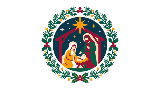 Circular Christmas wreath framing a religious nativity scene.