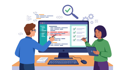 Fototapeta premium Software developers collaborating on code debugging and quality assurance process. EPS Editable. Vector Illustrations.