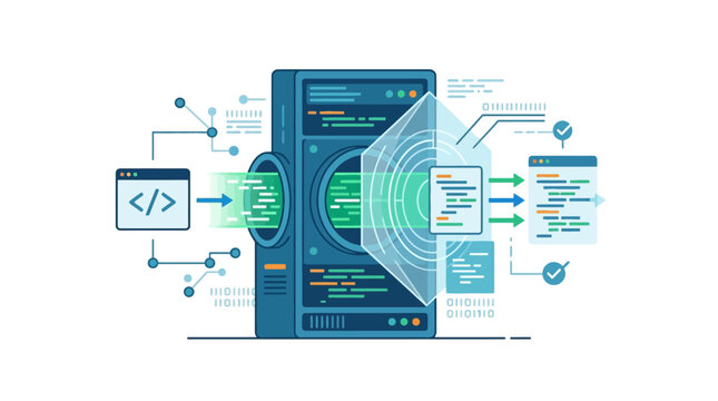 Software development process illustration with code and data flow. EPS Editable. Vector Illustrations.