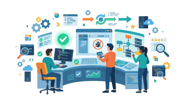 Software developers working on cybersecurity and software testing in a modern digital office environment. EPS Editable. Vector Illustrations.