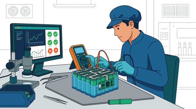 Technician testing electric vehicle battery pack in laboratory setting. EPS Editable. Vector Illustrations.