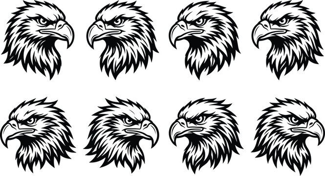 Eight eagle head illustrations vintage engraving style isolated on transparent background