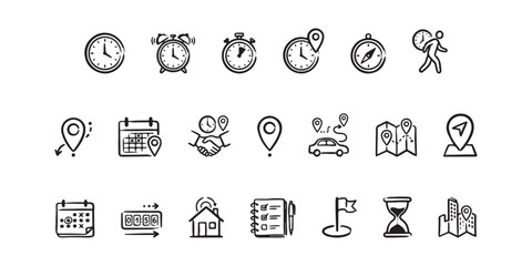 Fototapeta premium Time Management and Location Navigation Tracking Hand Drawn Sketch Vector Icon Set