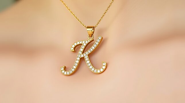 Elegant Gold Initial K Pendant Necklace with Sparkling Crystals in Script Font Macro Close-up Luxury Jewelry Accessory for Women Fashion Style