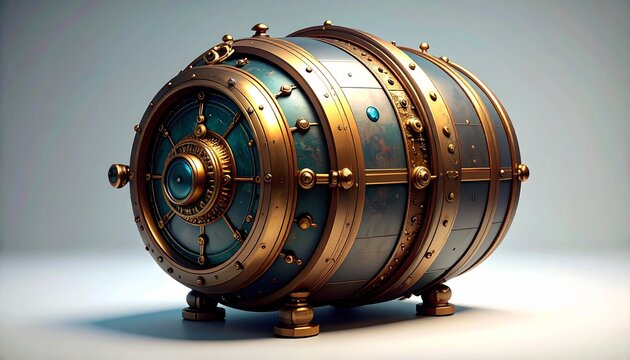 A steampunk-style safe sits on a surface in a room with industrial details.