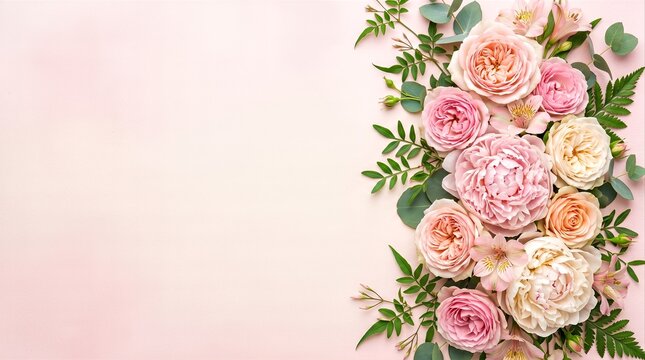 Elegant Peonies and Roses Border on Textured Pink Background with Copy Space for Celebration and Greeting Card Design