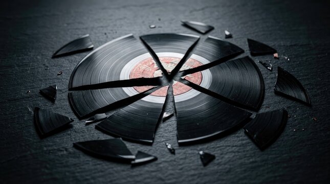 A shattered vinyl record lies broken on a dark, textured surface. The record is fragmented into numerous sharp pieces, revealing the central label.