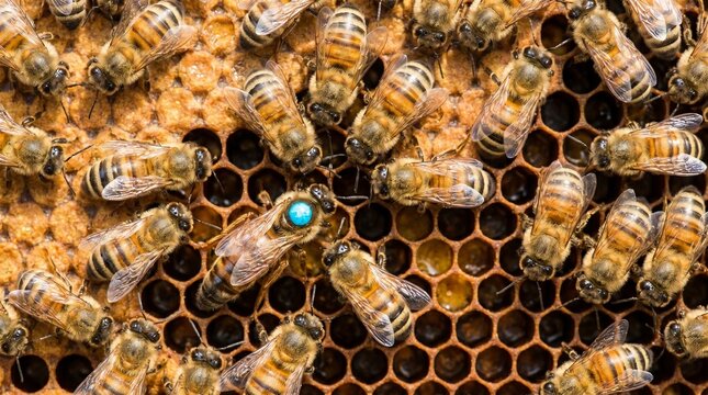A close-up view of a queen bee with a blue mark on her back surrounded by worker bees on a golden honeycomb.